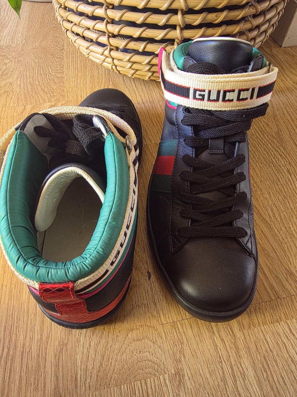 Gucci Black Leather High-Top Sneakers with Signature Web Stripe - Picture 8 of 8